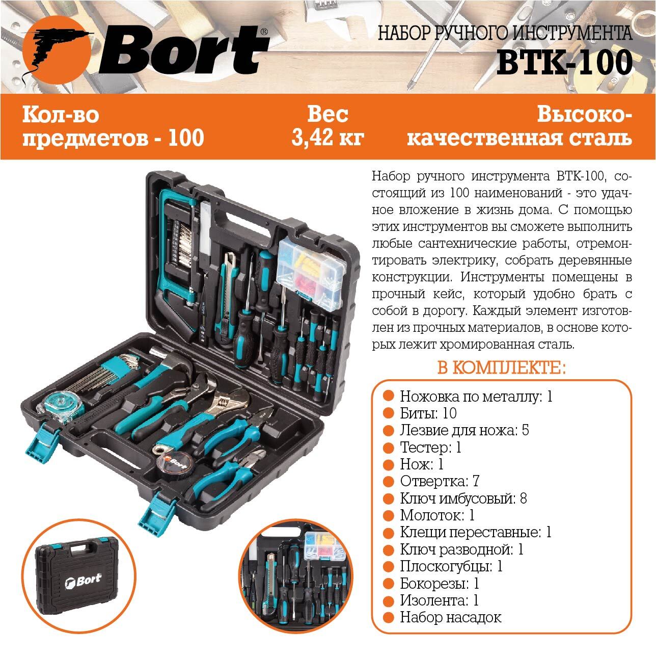 Набор ручного инструмента BORT BTK-100 - купить по выгодной цене в  интернет-магазине OZON (149252967)