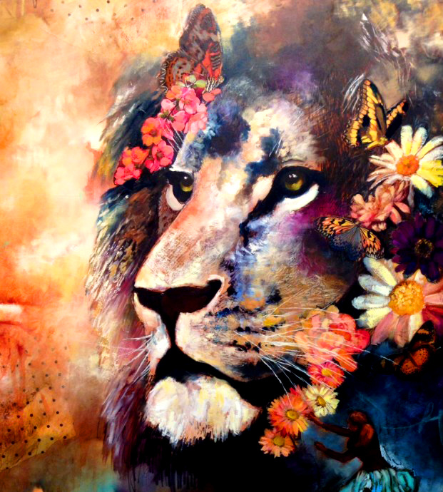 Картина по номерам на холсте 40х50 40 x 50 на подрамнике "Милый лев в цветах." DVEKARTINKI  #1