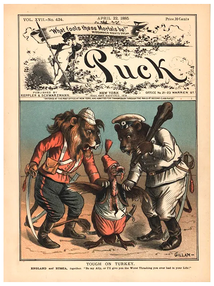 Давление на Турцию ("Tough on Turkey"). Обложка журнала "Puck", № 17. США, 1885 год  #1