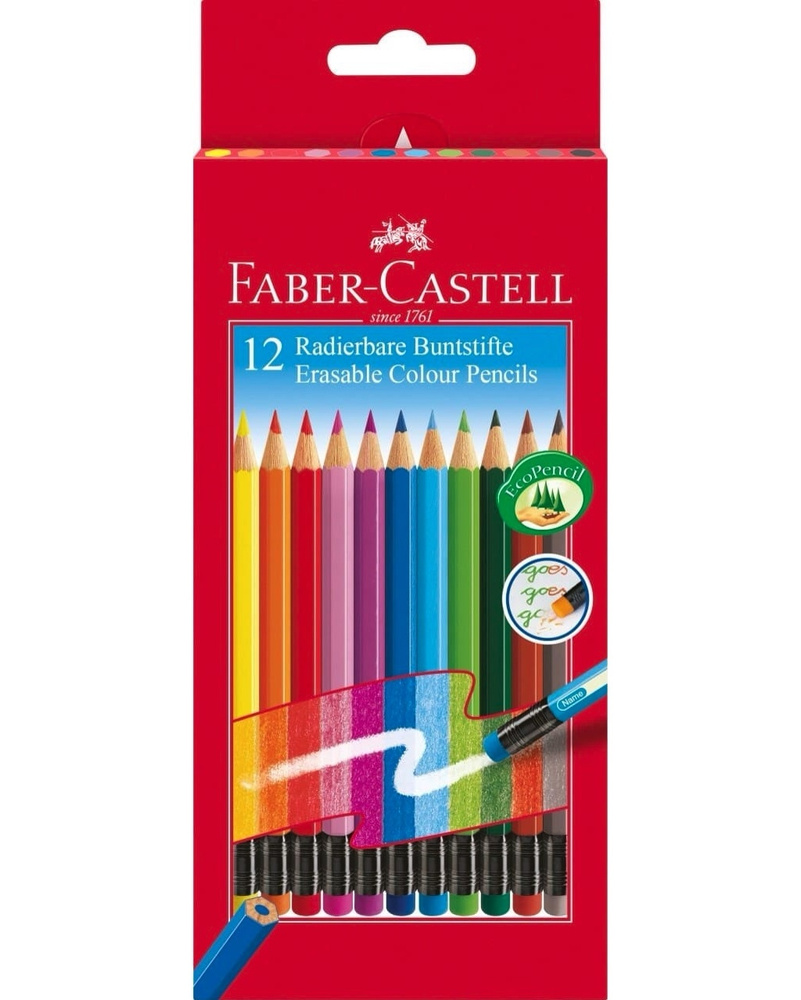 Faber-Castell Цветные карандаши стираемые, ERASABLE COLOUR PENCILS, С ЛАСТИКОМ, 12 цветов  #1