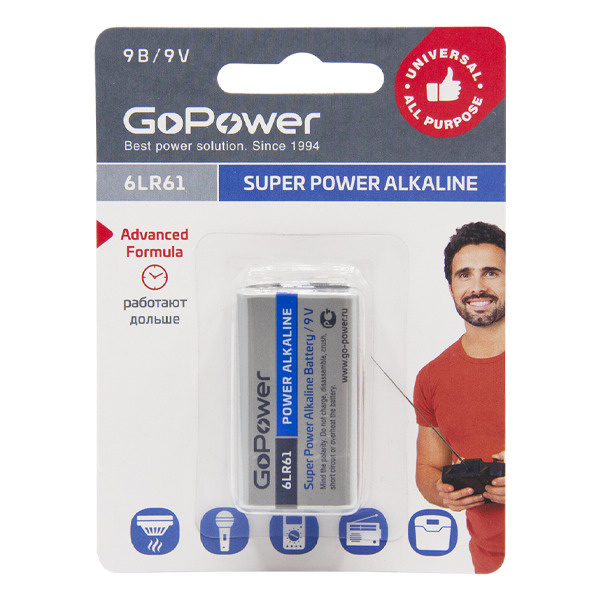 Батарейка GoPower Крона 6LR61 Alkaline 9V 1 шт. #1