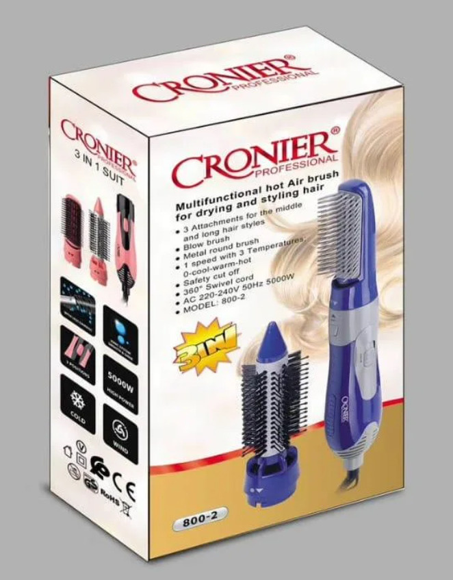 CRONIER Фен-щетка для волос 800-2 5000 Вт, скоростей 1, кол-во насадок 2, синий  #1