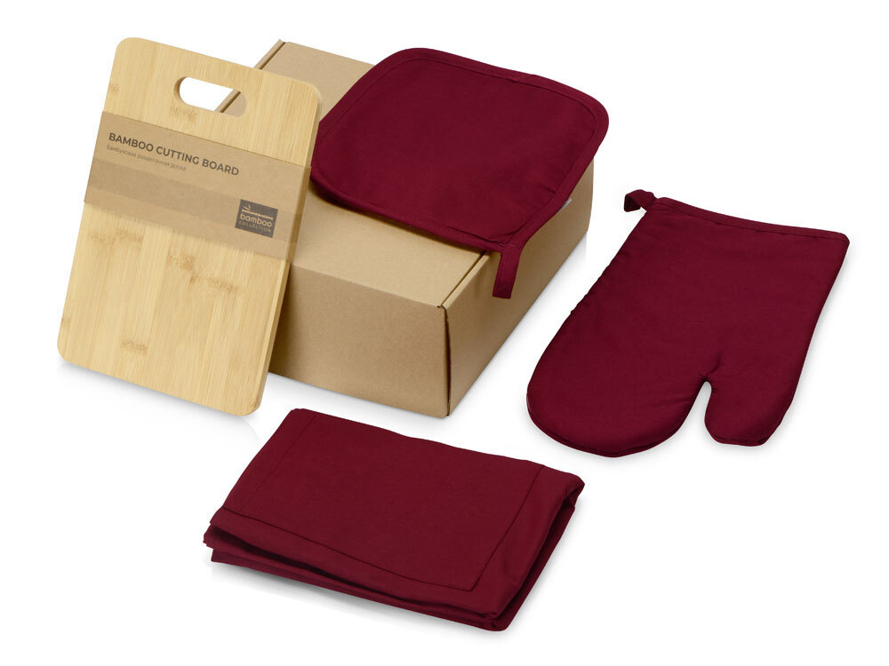 Подарочный набор "Brand Chef Plus": разделочная доска, фартук, прихватка, рукавица, цвет бордовый/Посуда #1