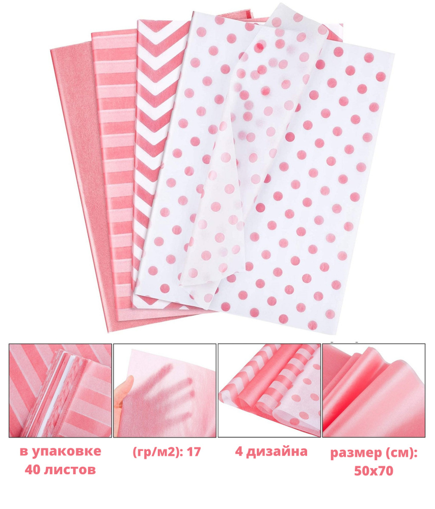 Бумага упаковочная тишью горох, полоска, розовый жемчуг, зигзаг, 40 листов, размер 50х70 см.  #1