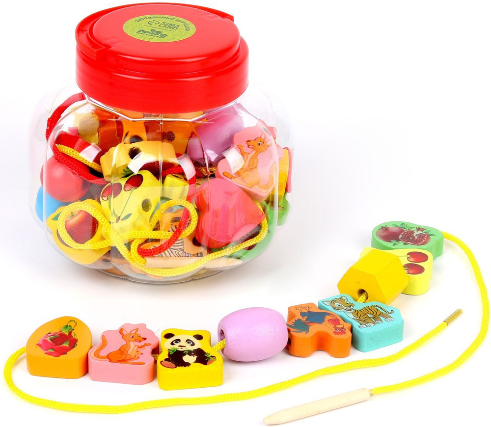 Развивающая игра-шнуровка в банке "Цветы, фигуры, сердца", 40 деревянных деталей, 2 иглы, 2 шнурка, цвета #1