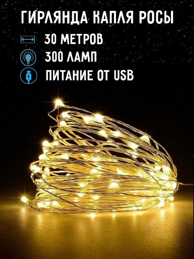 Гирлянда светодиодная нить Капля Росы 30 м, 300 LED, питание от USB, 8 режимов, теплый белый  #1