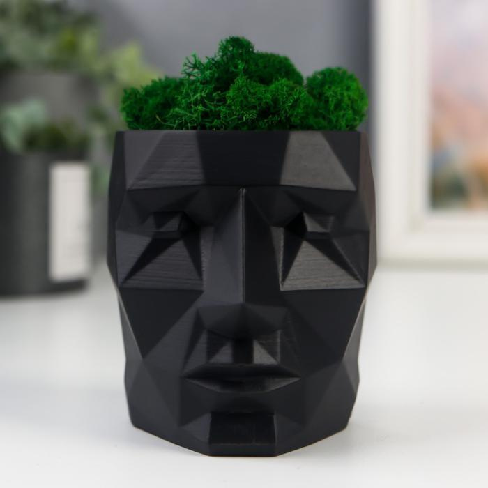 Кашпо бетонное "Голова" со мхом высота 8,5 см черное (мох зеленый стабилизированный)  #1