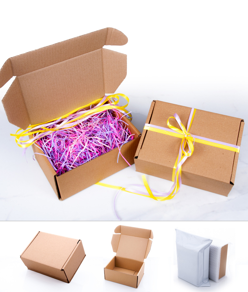 Крафтовая подарочная коробка (22 х 16,5 х 10 см) с наполнителем и лентой  #1