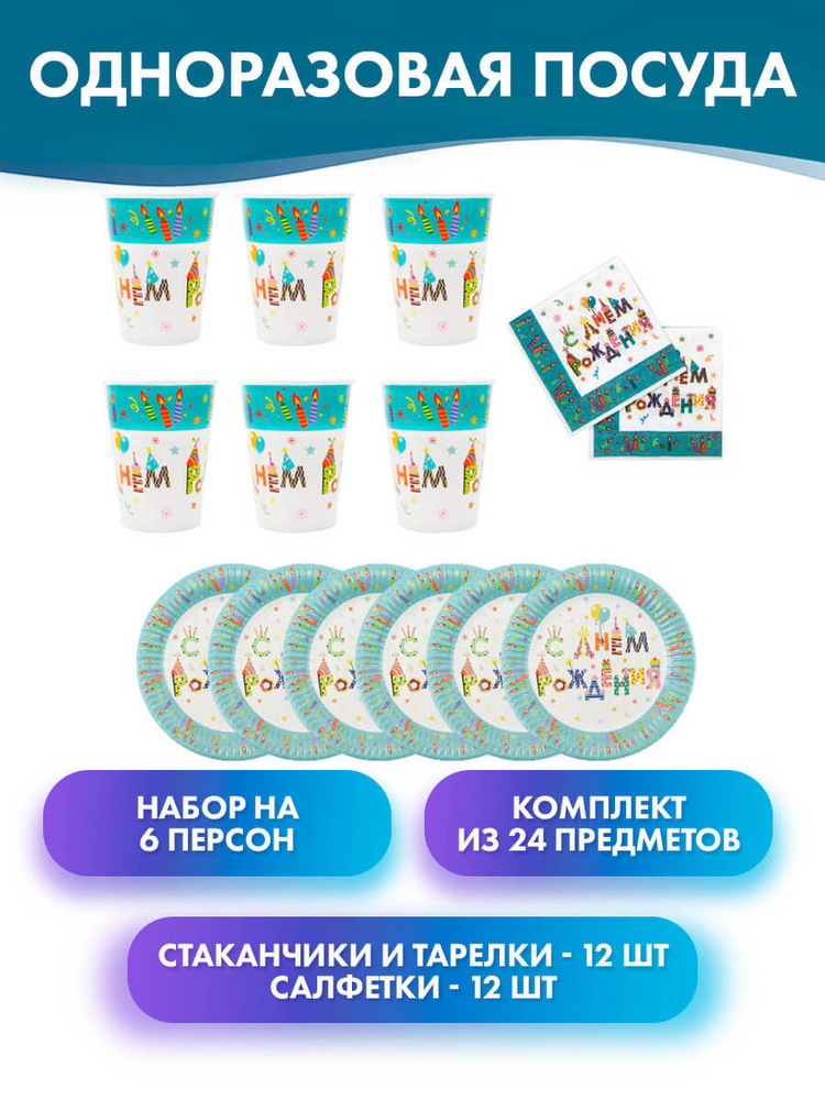 Набор бумажной посуды "С Днем Рождения Свечи", 6 стаканов, 6 тарелок, 12 салфеток  #1