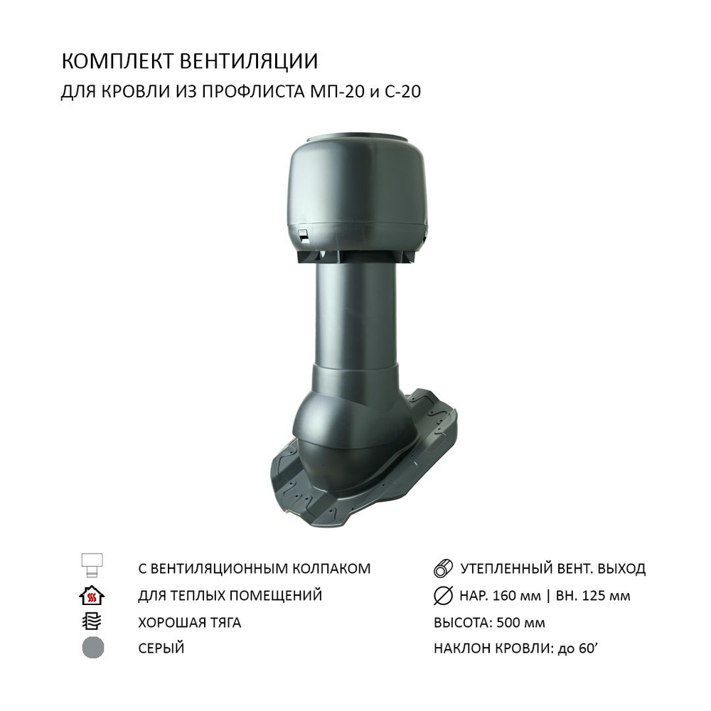 Комплект вентиляции: Колпак D160, вент. выход утепленный высотой Н-500, для кровельного профнастила 20мм, #1