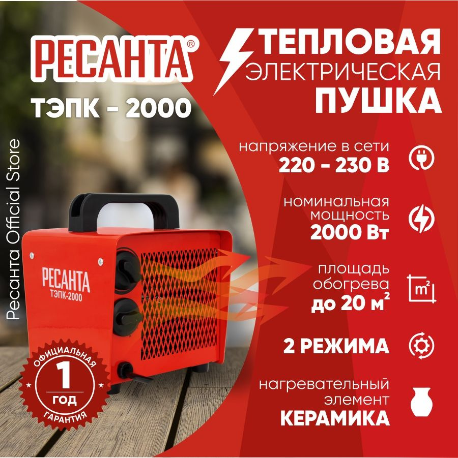 Тепловая пушка электрическая ТЭПК-2000 Ресанта - 2000 Вт, керамический нагревательный элемент, квадратная, #1