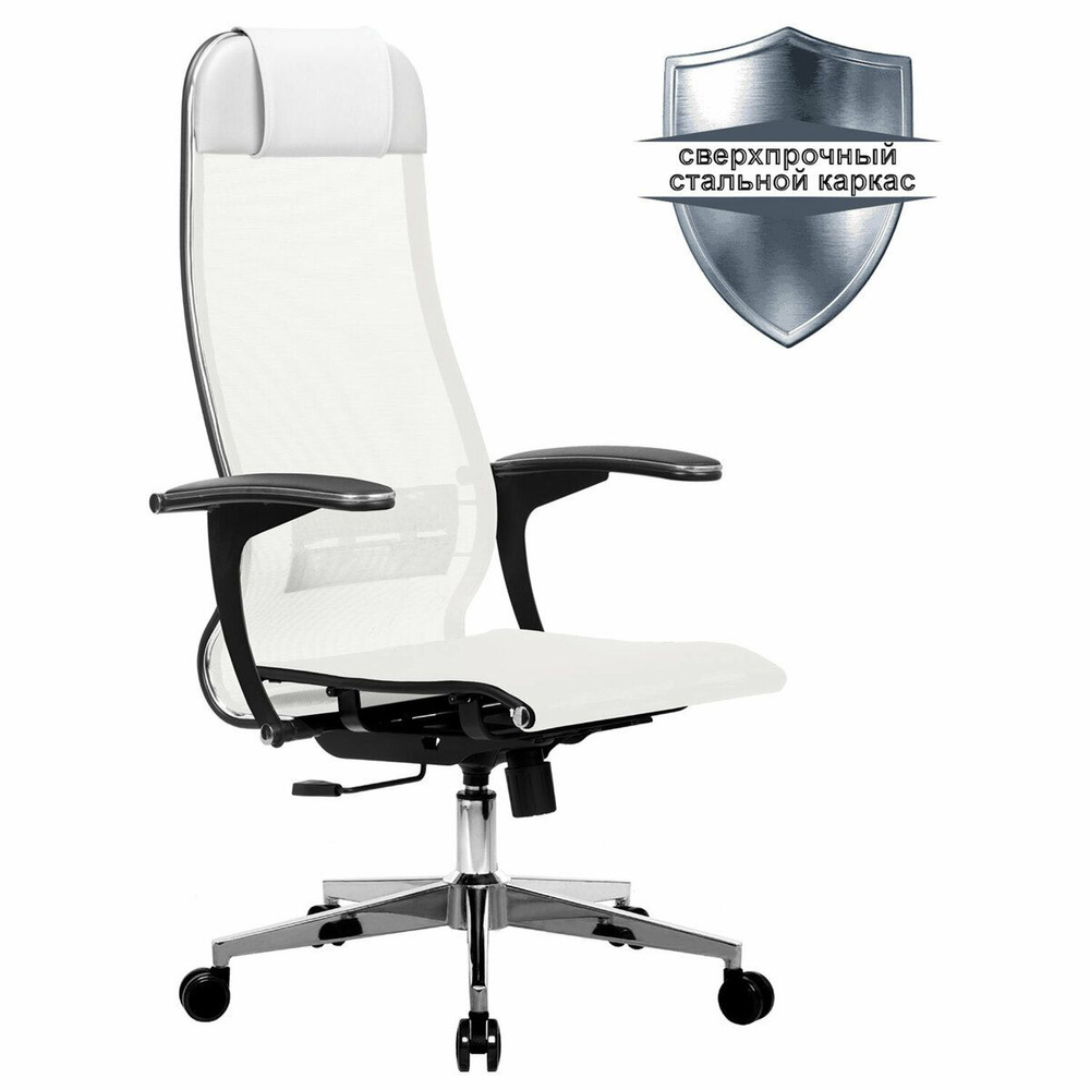 Кресло офисное Metta К-4-т хром, прочная сетка, сиденье и спинка регулируемые, белое  #1