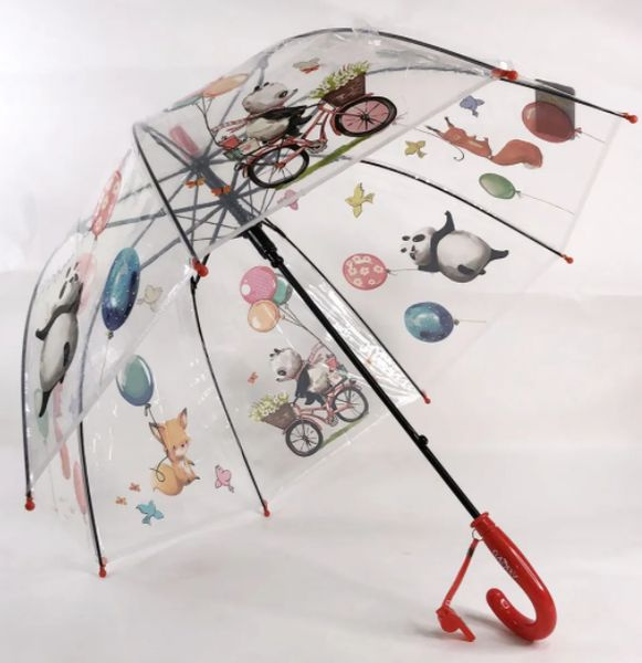 Зонт-трость прозрачный / Детский зонтик от дождя GALAXY полуавтомат складной (панда) красный  #1