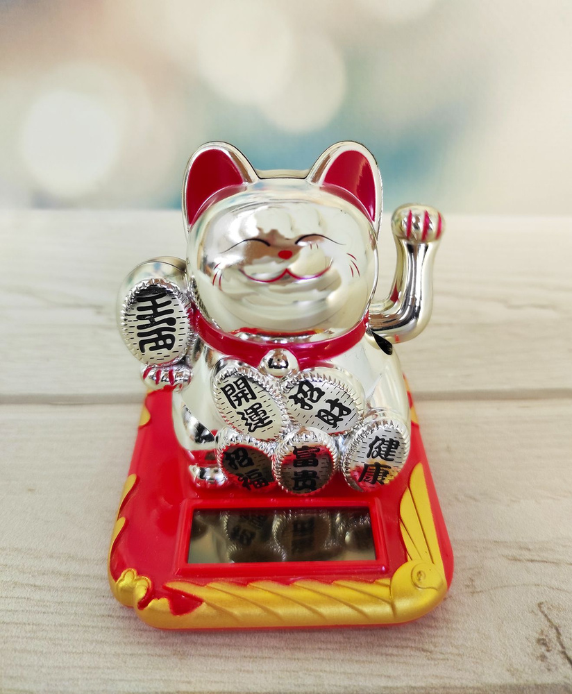 Кошечка- Талисман удачи Манеки-неко серебрянная на солнечной батарее "WoodOwl"  #1