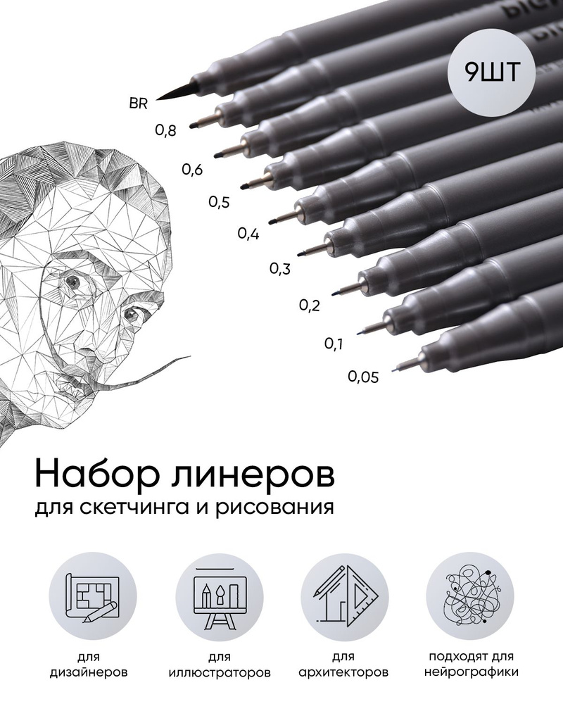Набор линеров для рисования и скетчинга, черные капиллярные ручки для нейрографики, 9 шт  #1