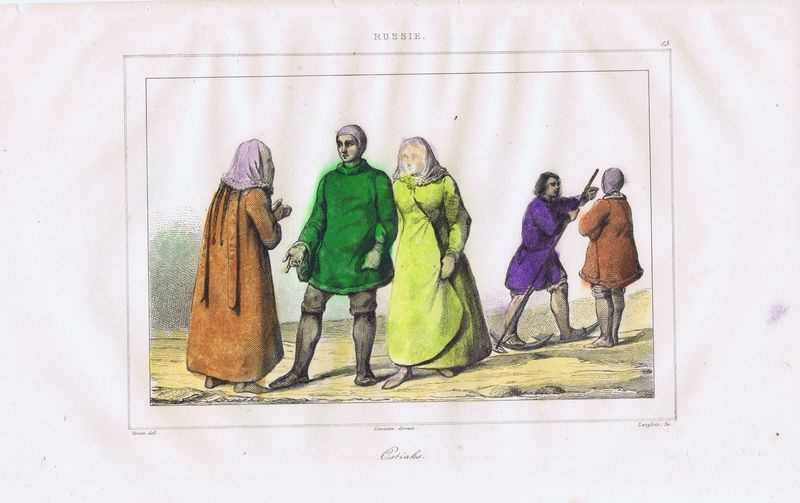 Гравюра антикварная. Остяки (ханты) в национальных костюмах. Офорт, акварель. Франция, 1838 год  #1