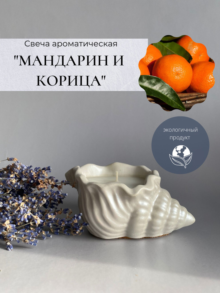 Свеча ракушка ароматическая / Krupka candles "Мандарин корица" в гипсовом подсвечнике интерьерная / в #1