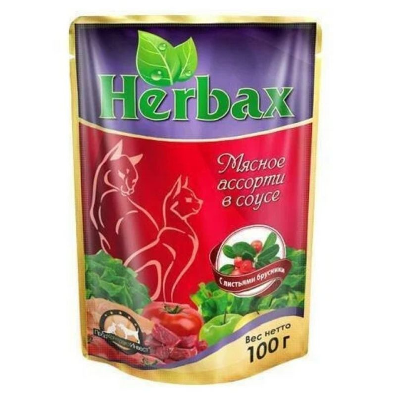 Herbax консервы для кошек Мясное ассорти с листьями брусники, 100 г, 6 штук  #1