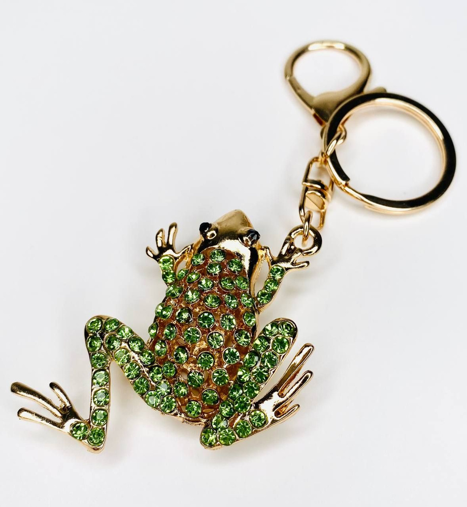 Брелок с карабином для ключей для сумки, большой золотой брелок с камнями, зеленая лягушка  #1