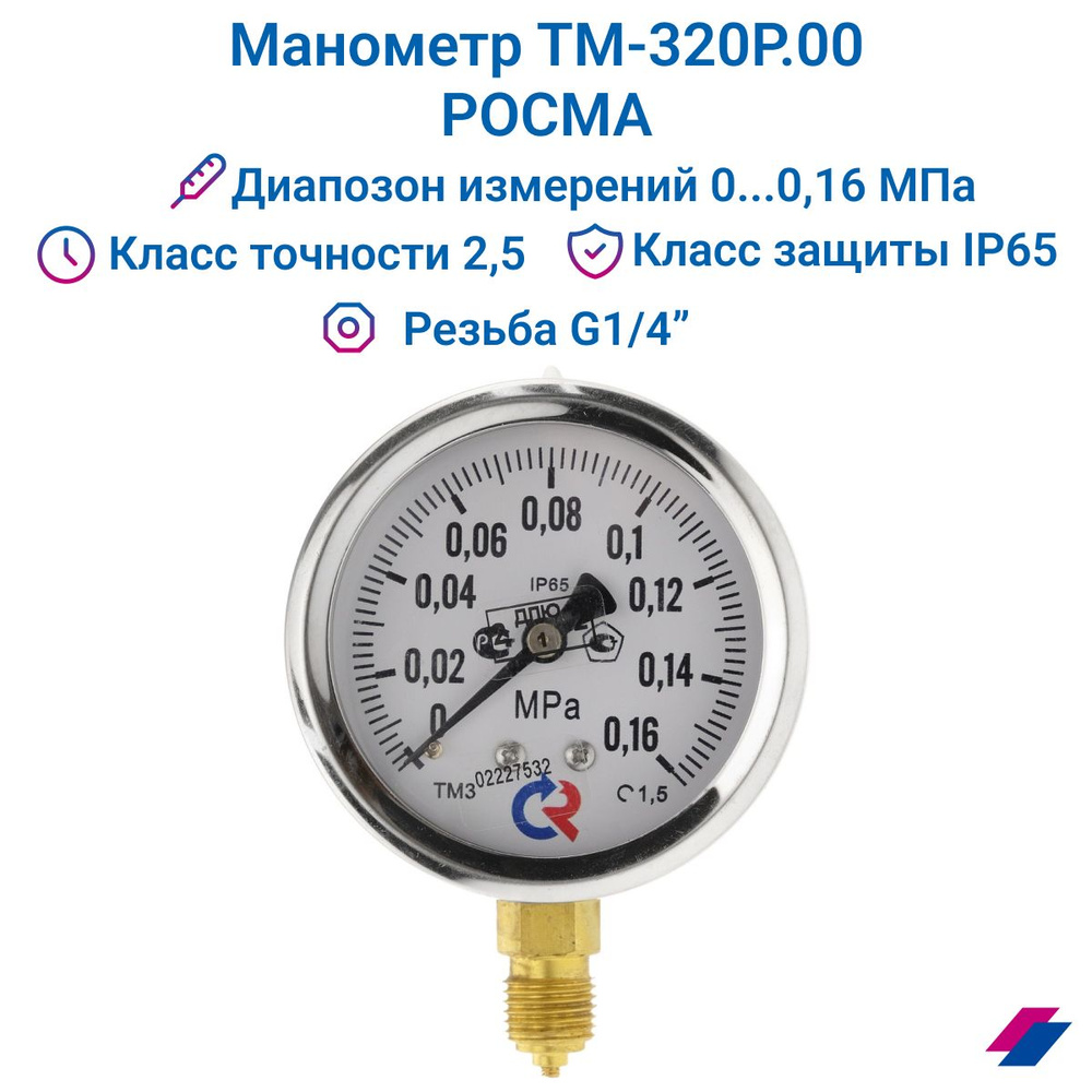 Манометр ТМ-320Р.00 (0...0.16 МРа) G 1/4 класс точности -1,5 (без глицерина) РОСМА  #1