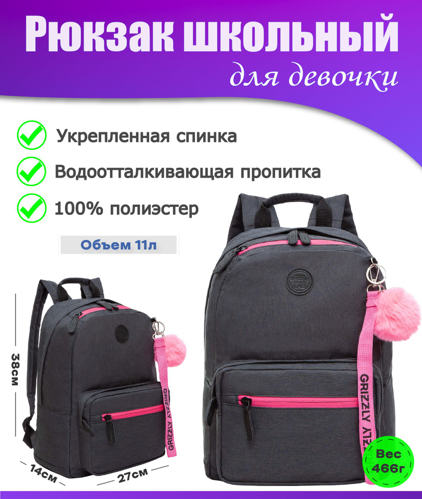 Рюкзак школьный подростковый женский для девочки, молодежный, для средней и старшей школы, GRIZZLY  #1