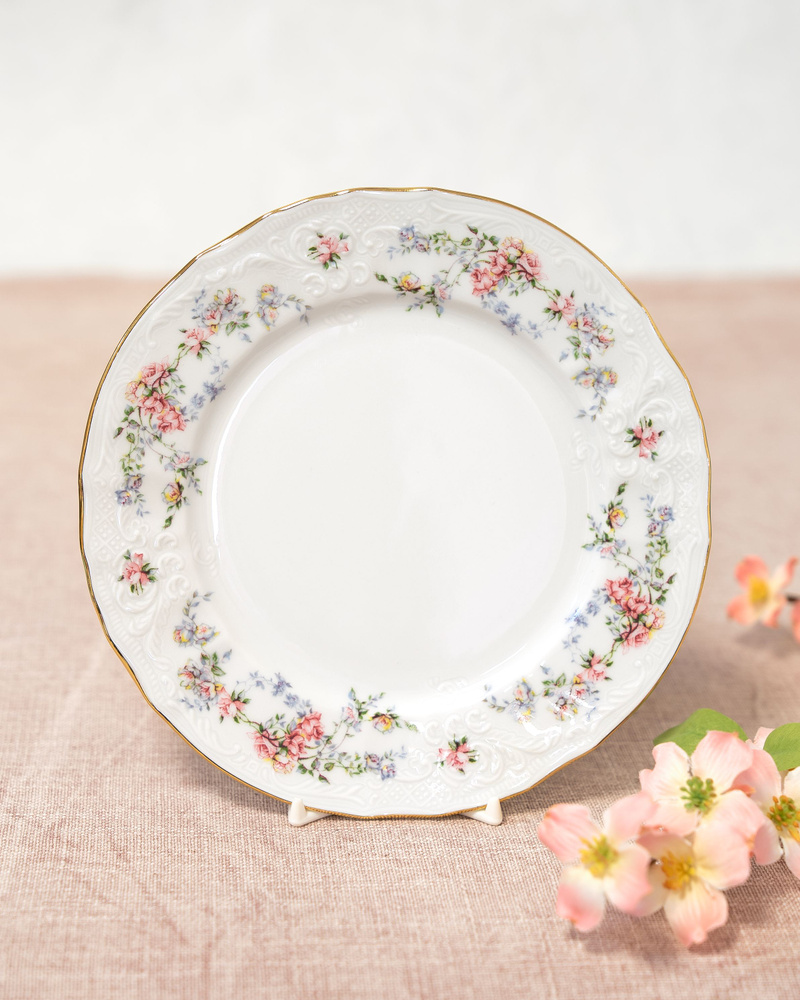 Тарелка обеденная столовая 25 см Бернадотт Дикая роза, фарфор, мелкая белая, Bernadotte Чехия  #1