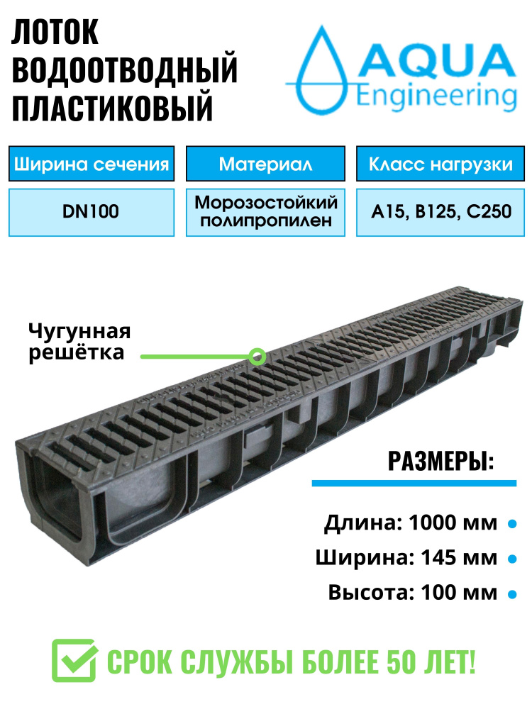 Лоток водоотводный пластиковый, дренажный, с чугунной решёткой, 1000x145x100 мм.  #1