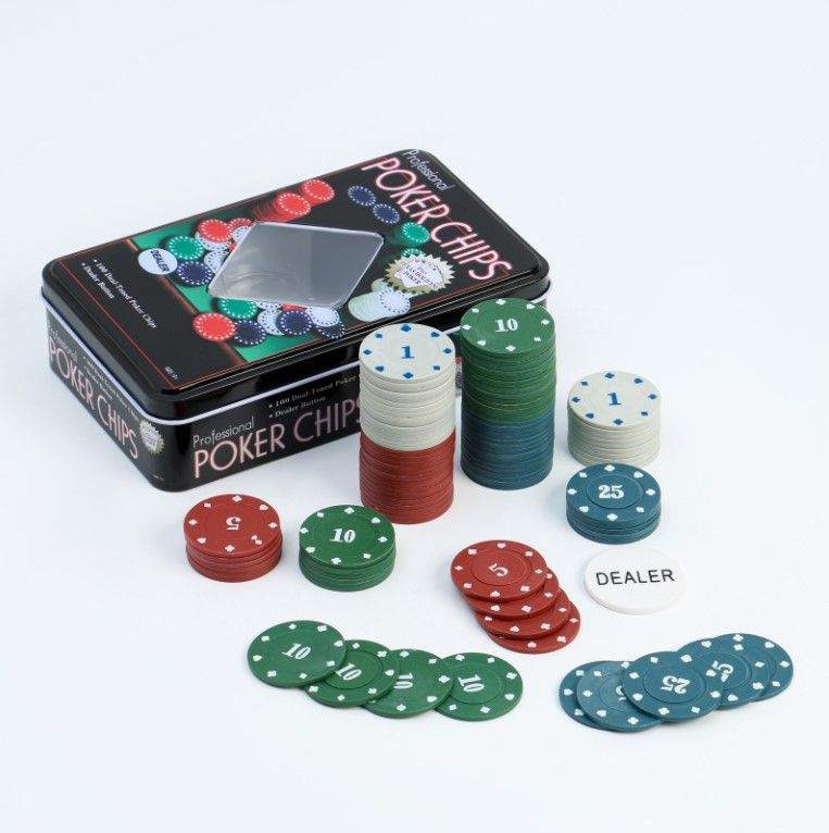 Набор для покера Poker Chips 100 фишек, с номиналом, в металлической подарочной коробке/С фишкой дилера #1