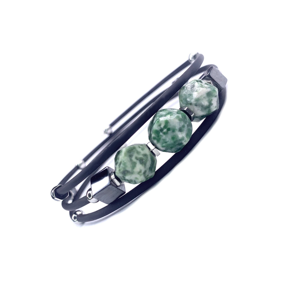 Черный каучуковый браслет ручной работы с зеленой яшмой и гематитом  #1