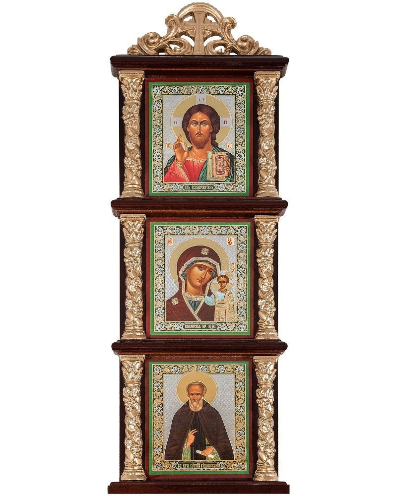 Иконостас тройной с иконами вертикальный (Господь Вседержитель, "Казанская" Божия Матерь, преподобный #1