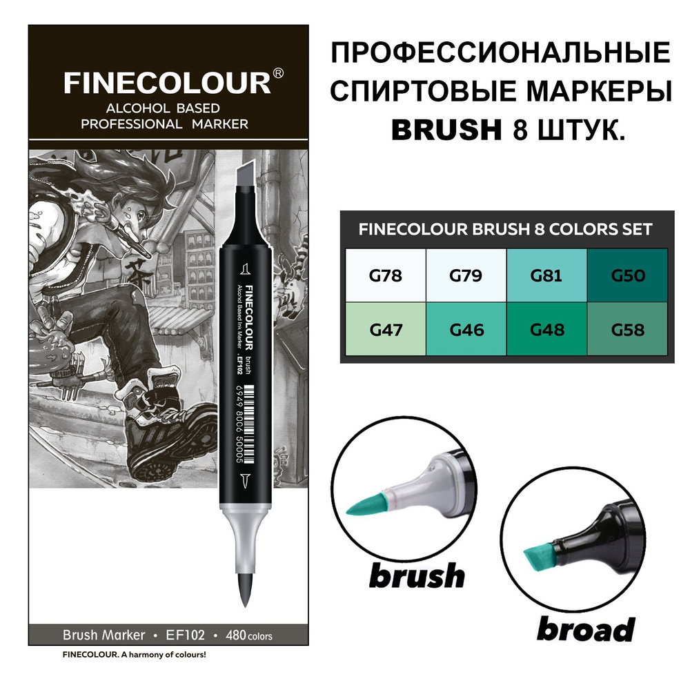 Набор двусторонних спиртовых маркеров для скетчинга FINECOLOUR BRUSH Set 3, 8 шт.  #1