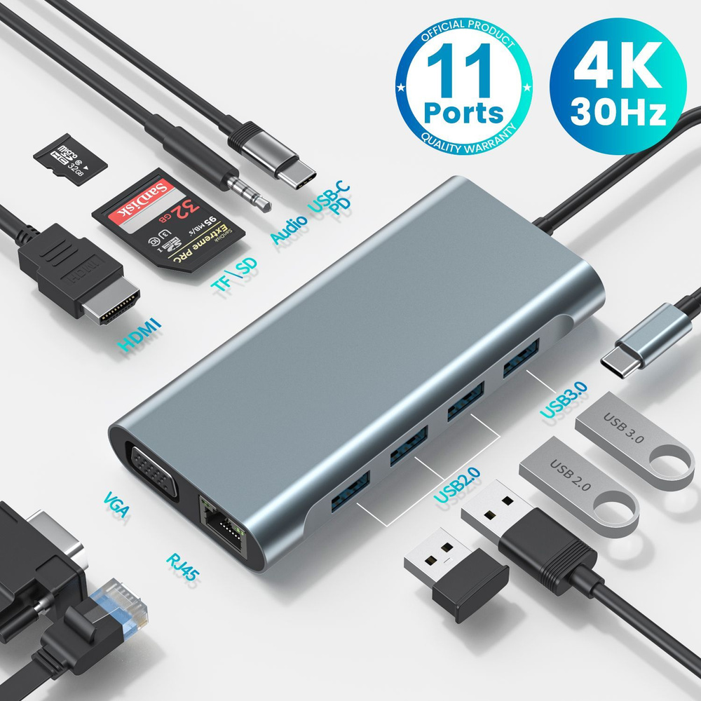 11 in 1 usb hub type c 3.0 Разветвитель thunderbolt с 4K HDMI,кард-ридером,для ipad,Macbook air,пк,ноутбука #1