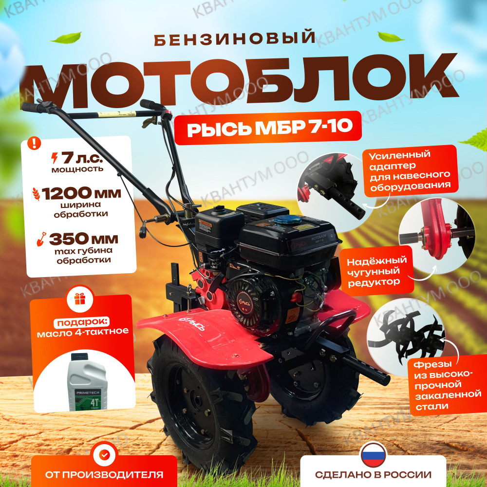 Мотоблок Рысь МБР7-10+подарок масло 4T prime standart(7л.с., бенз,  чугун.ред, 2-х скор, 18 ножей, колеса 4,00-10) - купить мотоблок по  выгодной цене в интернет-магазине OZON (1403541347)