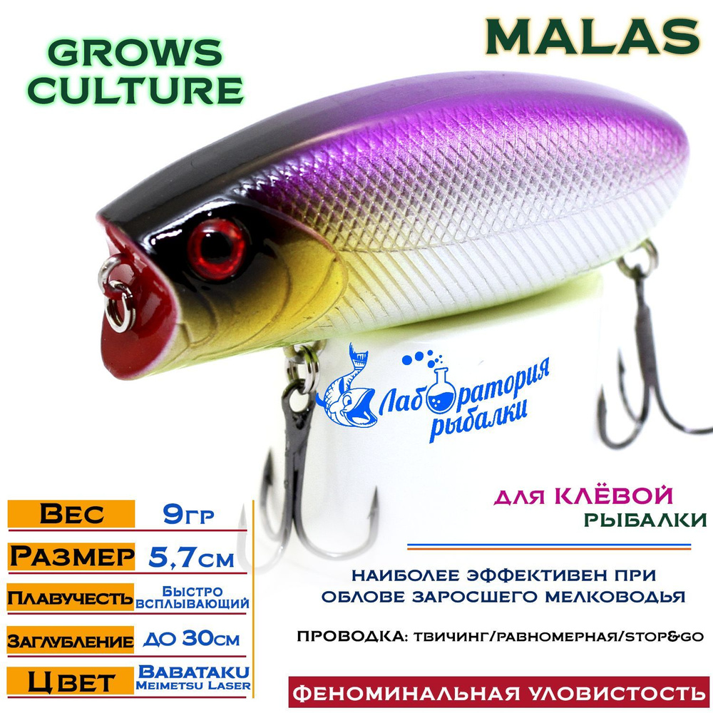 Воблер поверхностный Malas Grows Culture / длина 57 мм , вес 9 гр , цвет 40 Babataku Meimetsu Laser , #1