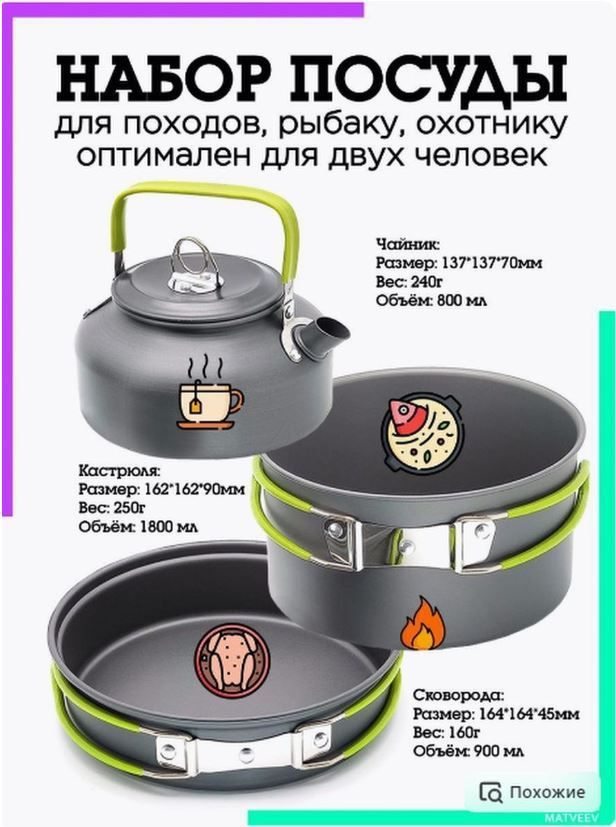 Походный туристический набор посуды 11 предметов / Набор для кемпинга ...