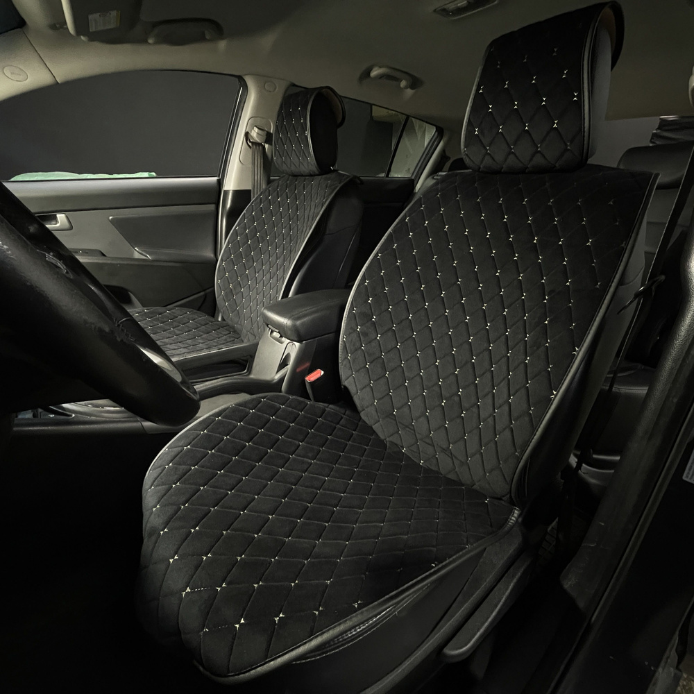 Накидки для Lexus CT (2010-2024) на передние сиденья Maximal Ромб, Алькантара, Черный с бежевой строчкой #1