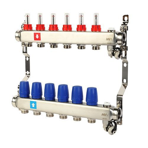 Коллектор из нержавеющей стали в сборе с расходомерами, дренажным краном и воздухоотводчиком, 6 выходов, #1
