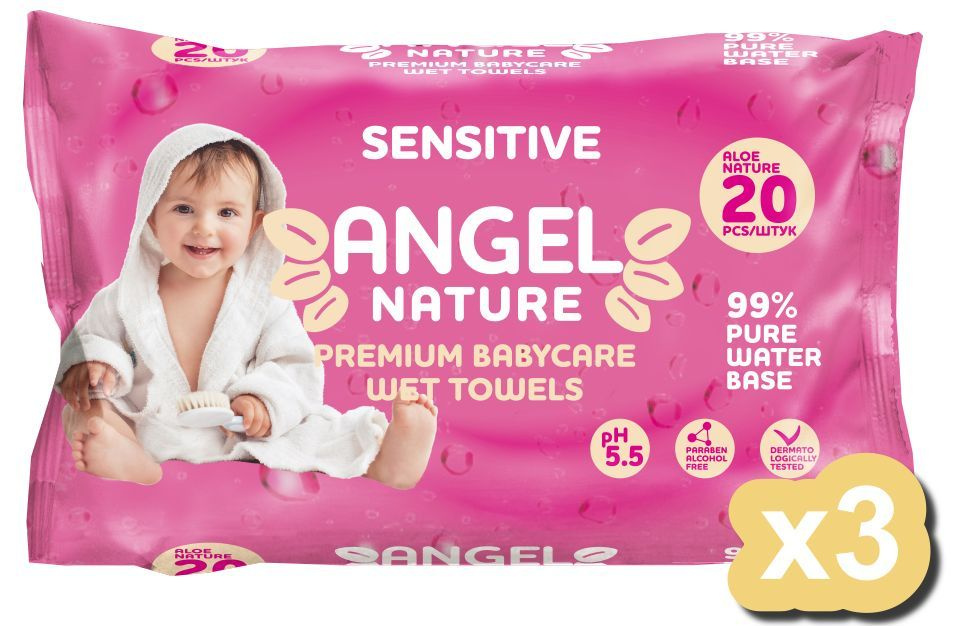 Салфетки влажные детские Angel Sensitive, для чувствительной кожи, розовый 20 шт./3уп.  #1