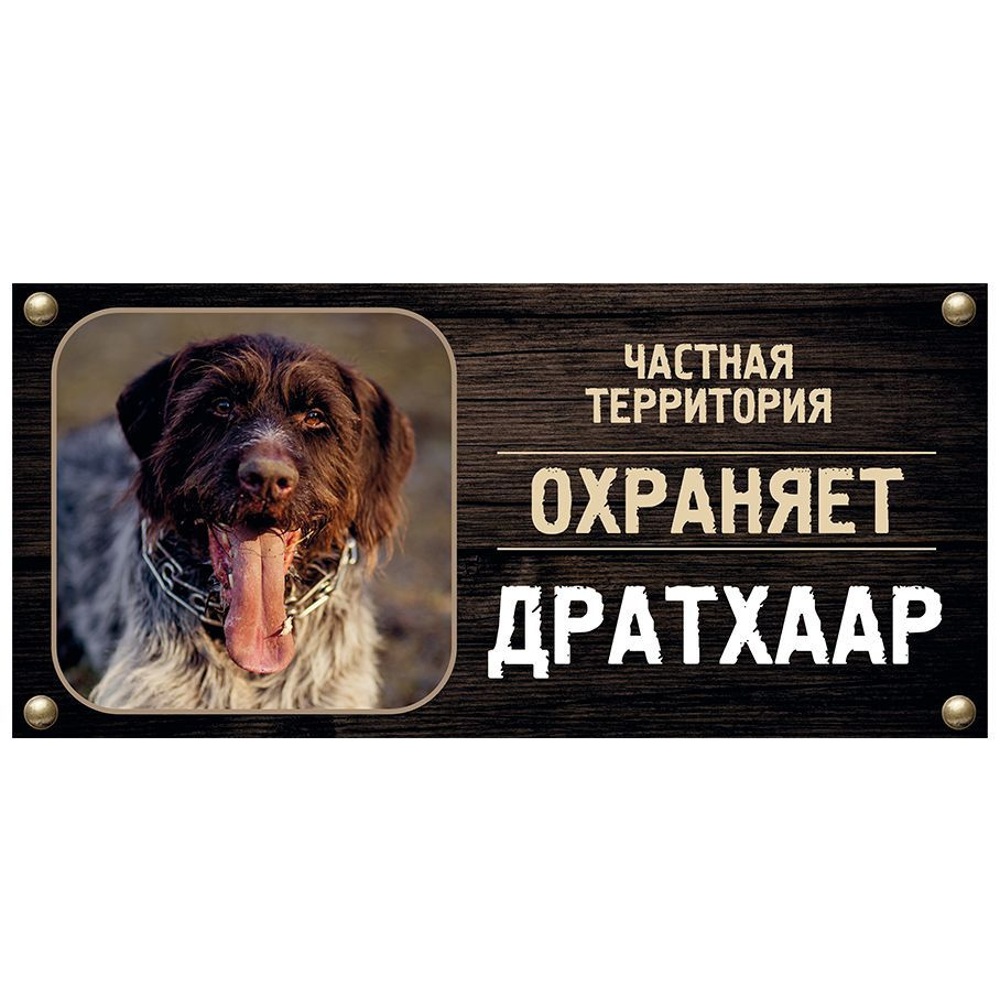 Табличка, Злая собака, Территорию охраняет Дратхаар, на металлической основе, 30см х 14 см, на забор, #1