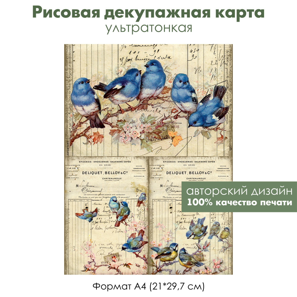 Декупажная рисовая карта Винтажные картинки с птицами, формат А4, дизайнерская бумага Чип-Арт  #1
