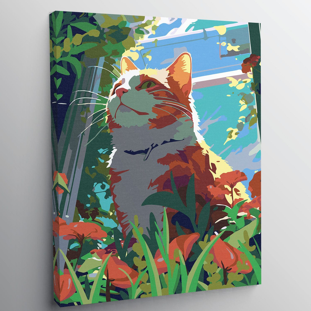 Картина по номерам, холст на подрамнике - Котик на цветущем окне - Животные 30х40 см.  #1