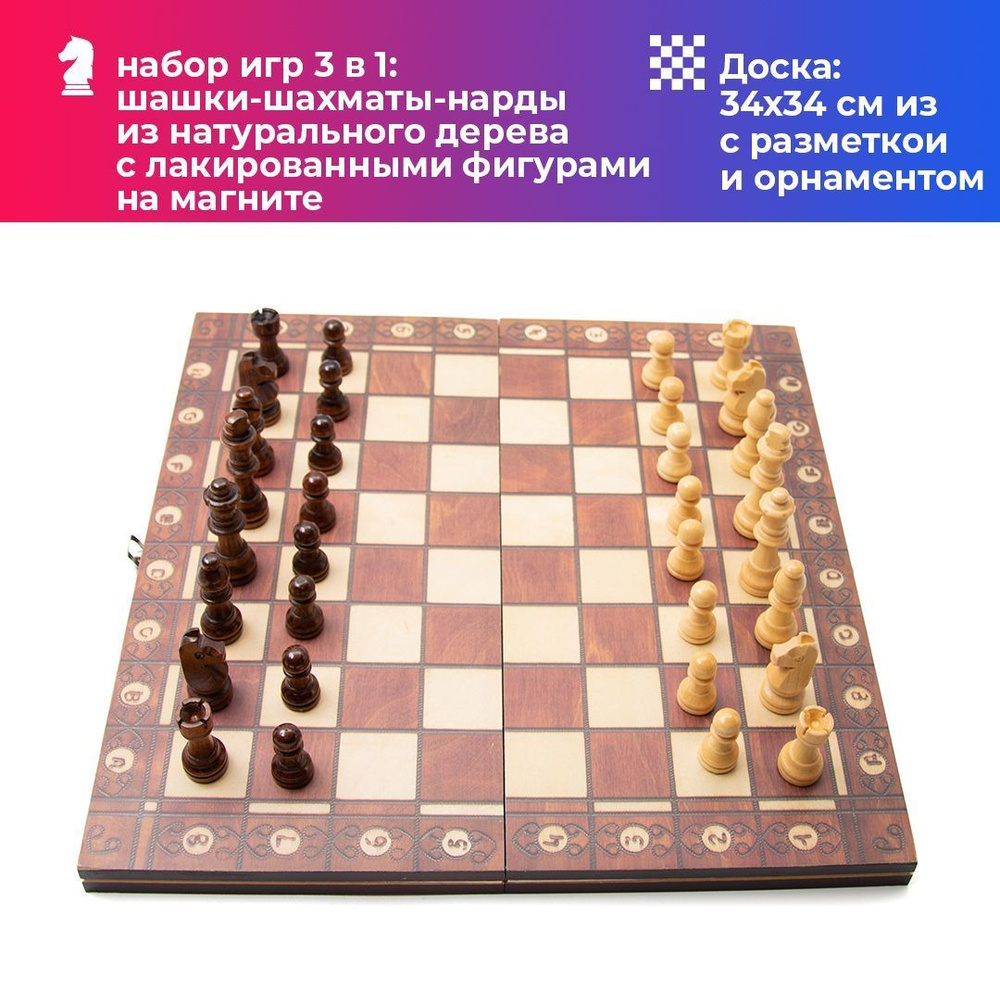 Набор настольной игры 3 в 1: деревянные шахматы с лакированными фигурами на магните, шашки и нарды 34х34см #1