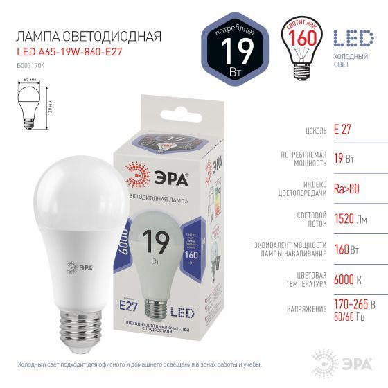 ЭРА Лампочка светодиодная STD LED A65, Холодный белый свет, E27, 19 Вт, 1 шт.  #1