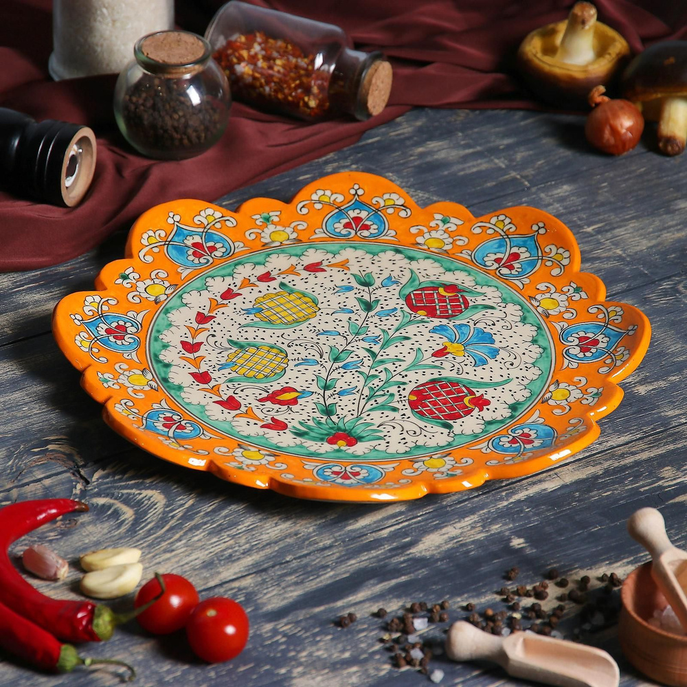 Блюдо Ляган рифленый Риштанская Керамика, диаметр 31 см, цвет оранжевый  #1