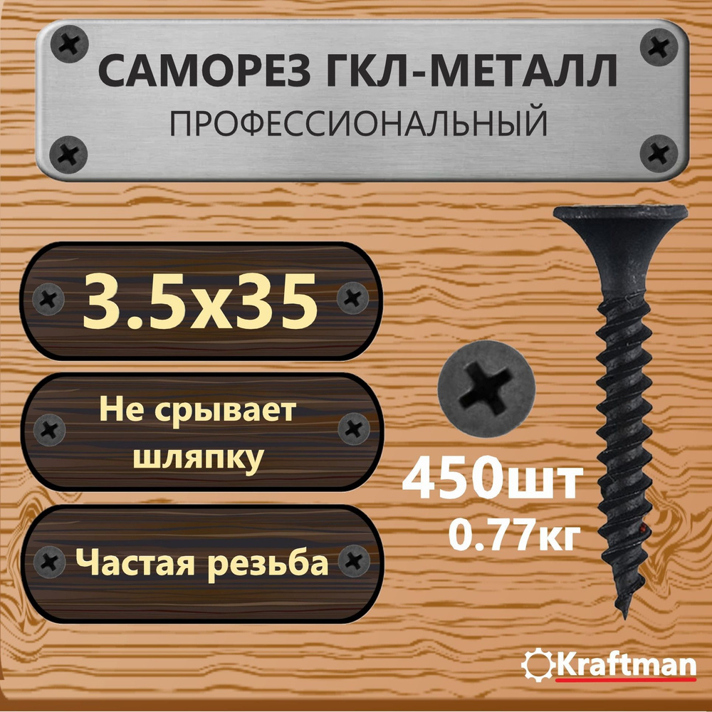 Саморез по металлу черный мелкая резьба гипсокартон-металл 3,5х35, 450 шт, KF000018  #1