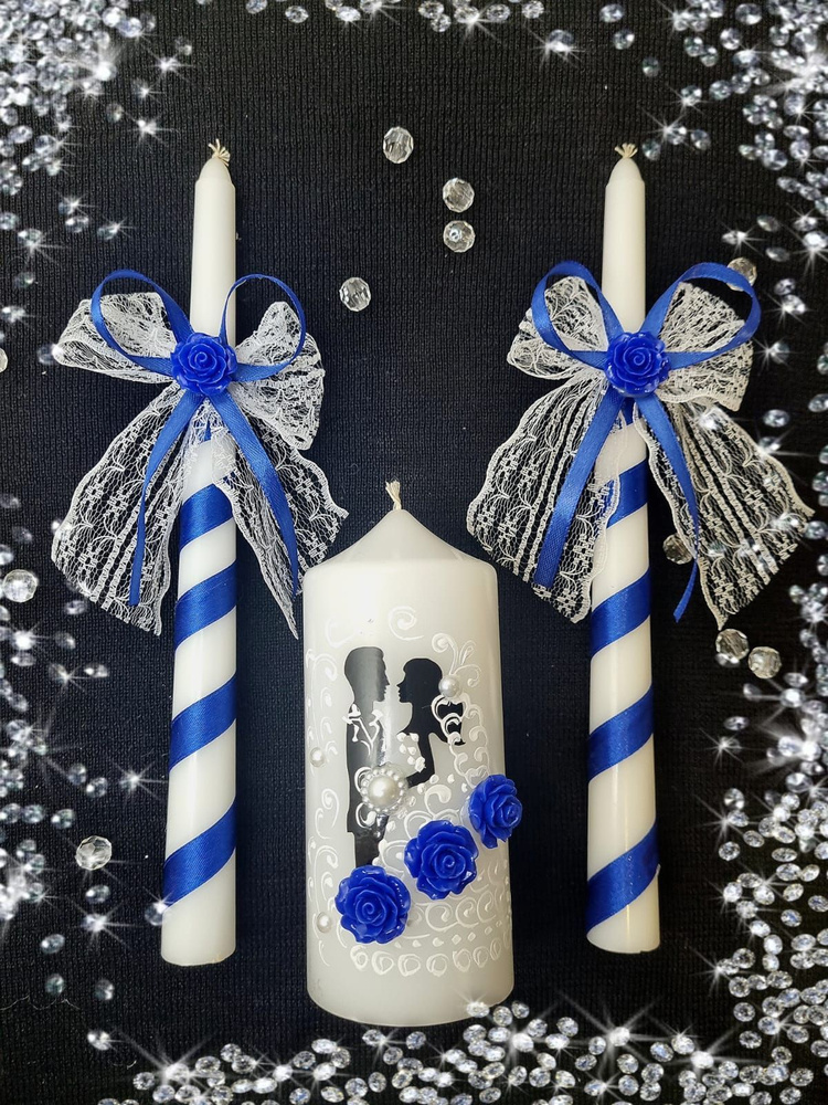 Комплект свадебных свечей "Домашний очаг" в синем цвете с розочками/ свадебные свечи  #1