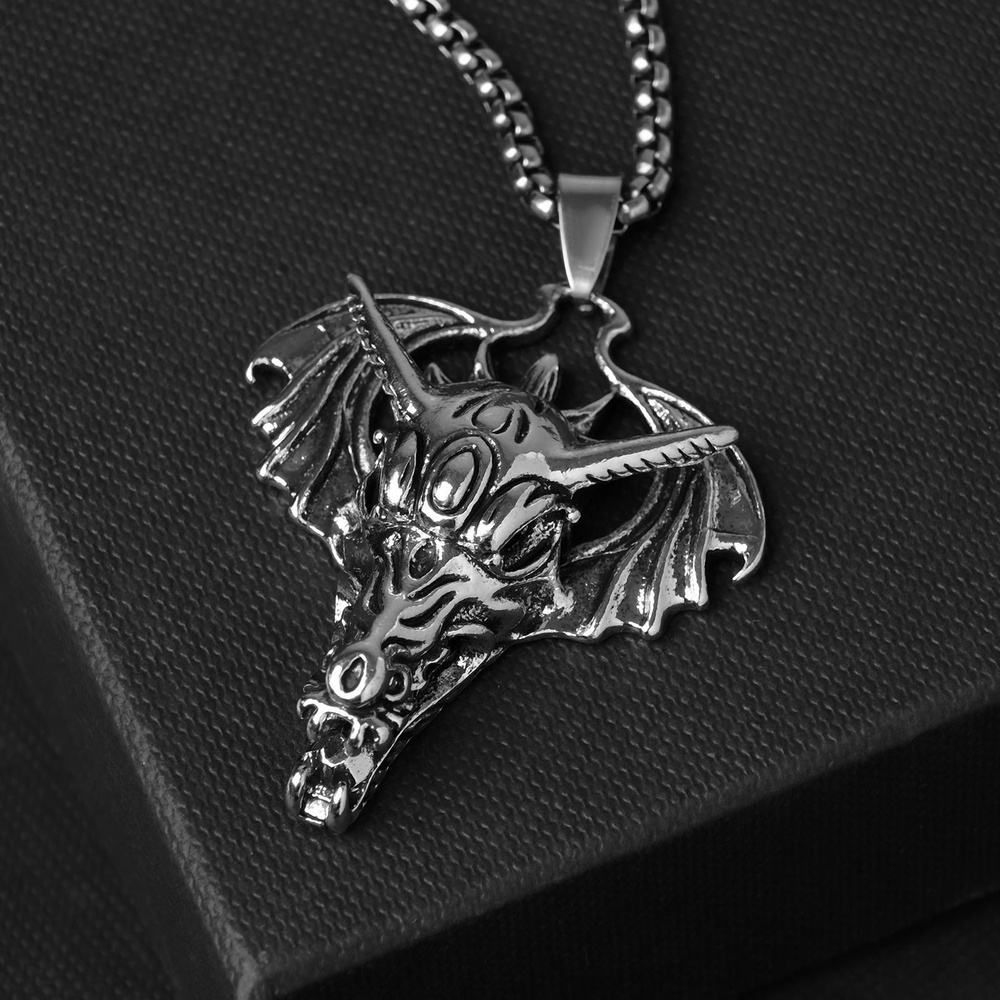 Кулон унисекс "Дракон" голова, цвет чернёное серебро, 60 см  #1