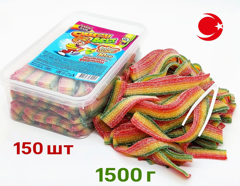 Жевательный мармелад CRAZY GUMMY Sour BELT кислые радужные ремешки в посыпке, 1500 гр, Канди Клаб Yummy #1