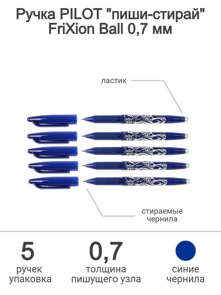 Набор из 5 штук стираемых ручек Pilot Frixion Ball толщина 0.7 мм, цвет синий BL-FR-7-L  #1