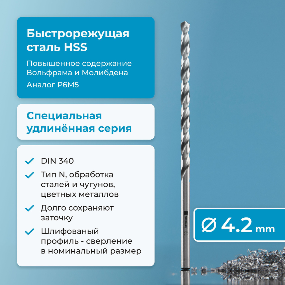 Сверло по металлу 4.2 мм NORGAU Industrial HSS удлинённое, шлифованное, с центрирующей подточкой перемычки, #1